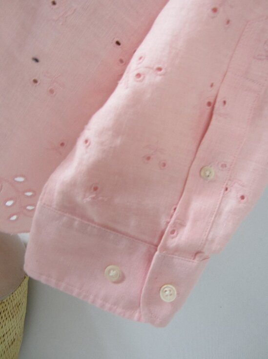 Ralph Lauren Womens Large Pink Linen Eyelet Embroidered Shirt Scallop Hem - Picture 11 of 14